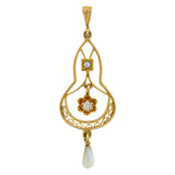 Art Nouveau 14kt Pearl & Diamond Lavalier Pendant