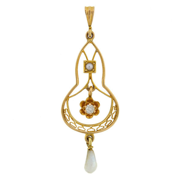 Art Nouveau 14kt Pearl & Diamond Lavalier Pendant