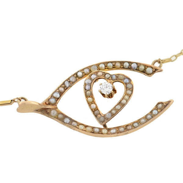 Victorian 14kt Pearl & Diamond Wishbone & Heart Necklace