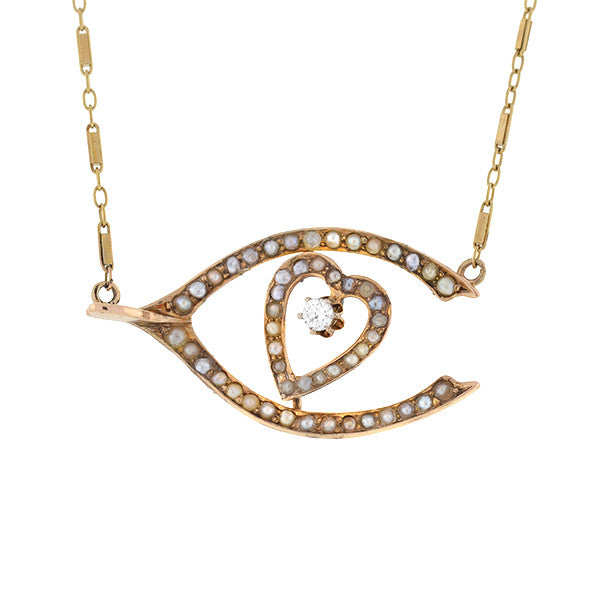 Victorian 14kt Pearl & Diamond Wishbone & Heart Necklace