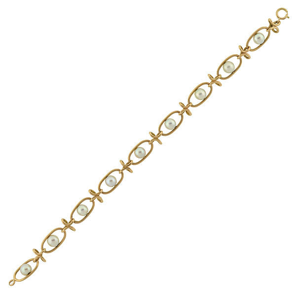 Retro 14kt Pearl & Wirework Link Bracelet 6.4 dwt