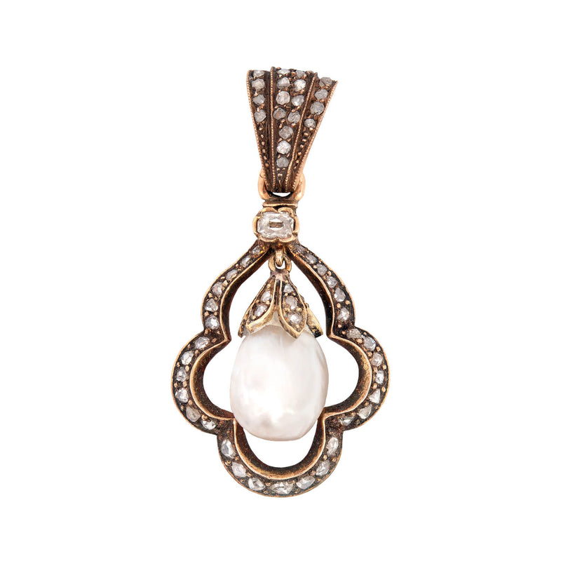 Victorian 14k + Sterling Natural Pearl + Rose Cut Diamond Pendant