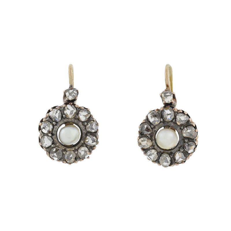 Victorian 18kt/Sterling Diamond + Pearl Cluster Earrings