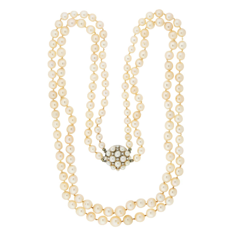 Retro Double Strand Pearl Necklace & 14k Diamond Clasp