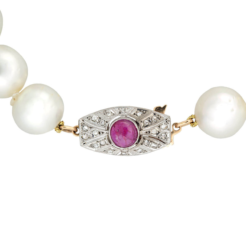 Edwardian South Sea Pearl Necklace with Diamond + Ruby Clasp