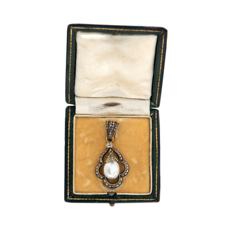 Victorian 14k + Sterling Natural Pearl + Rose Cut Diamond Pendant