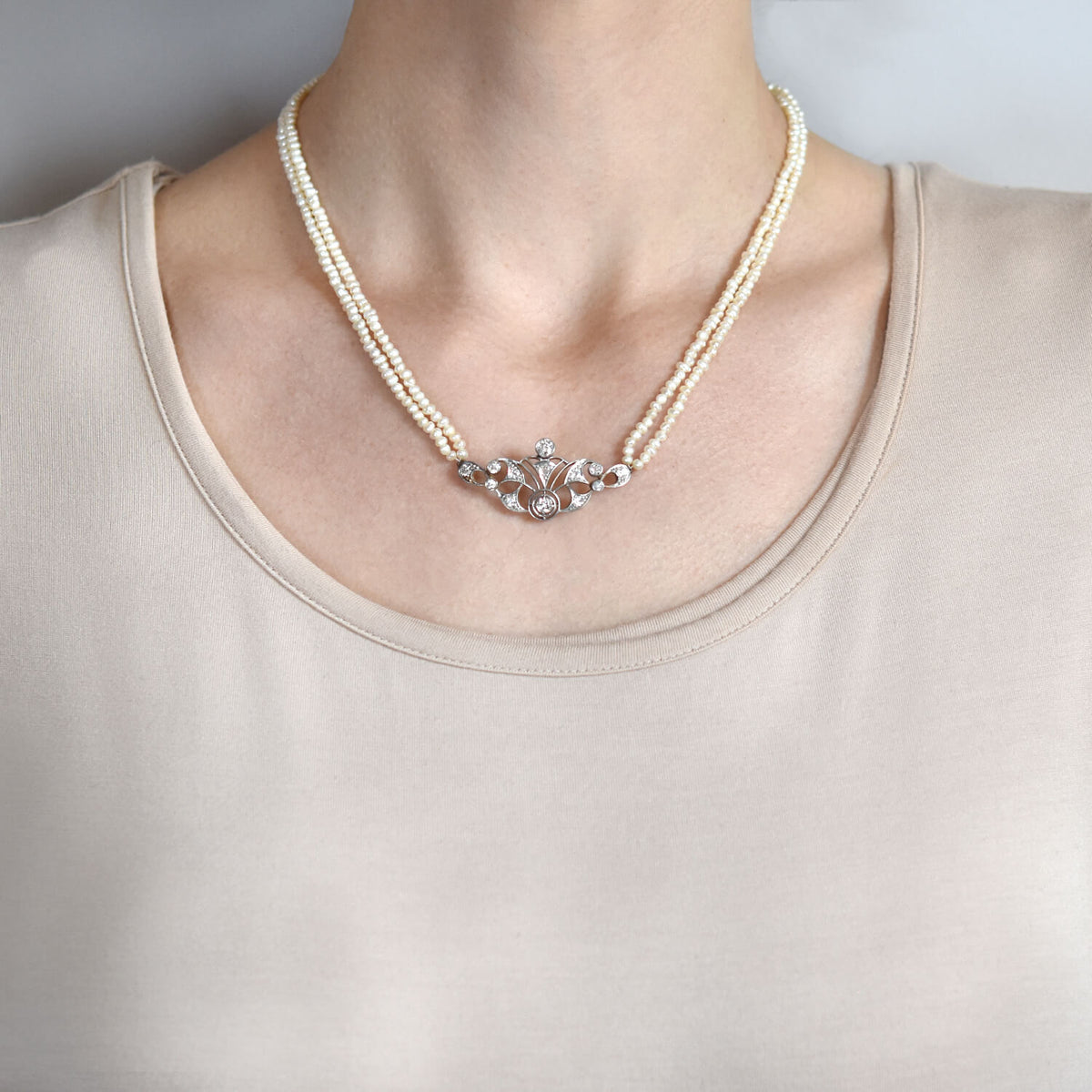 Edwardian 14kt/Platinum Seed Pearl + Diamond Centerpiece Necklace