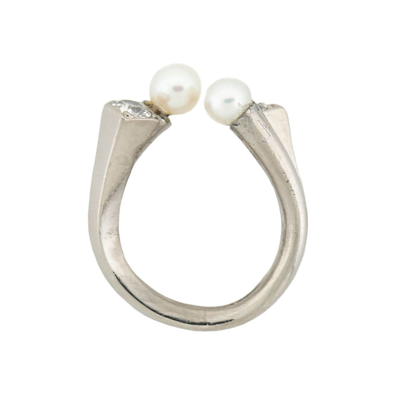 Vintage 18k Mine Cut Diamond + Cultured Pearl Arts + Crafts Ring