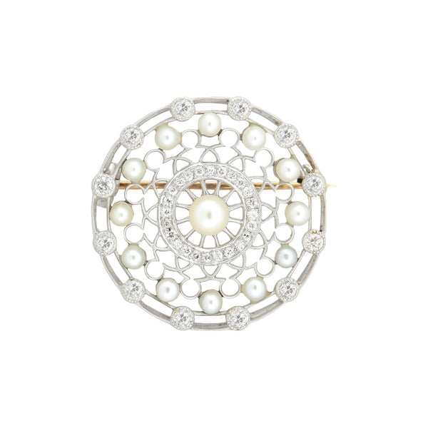 TIFFANY & CO. Edwardian Platinum, Diamond + Pearl Filigree Circle Pin