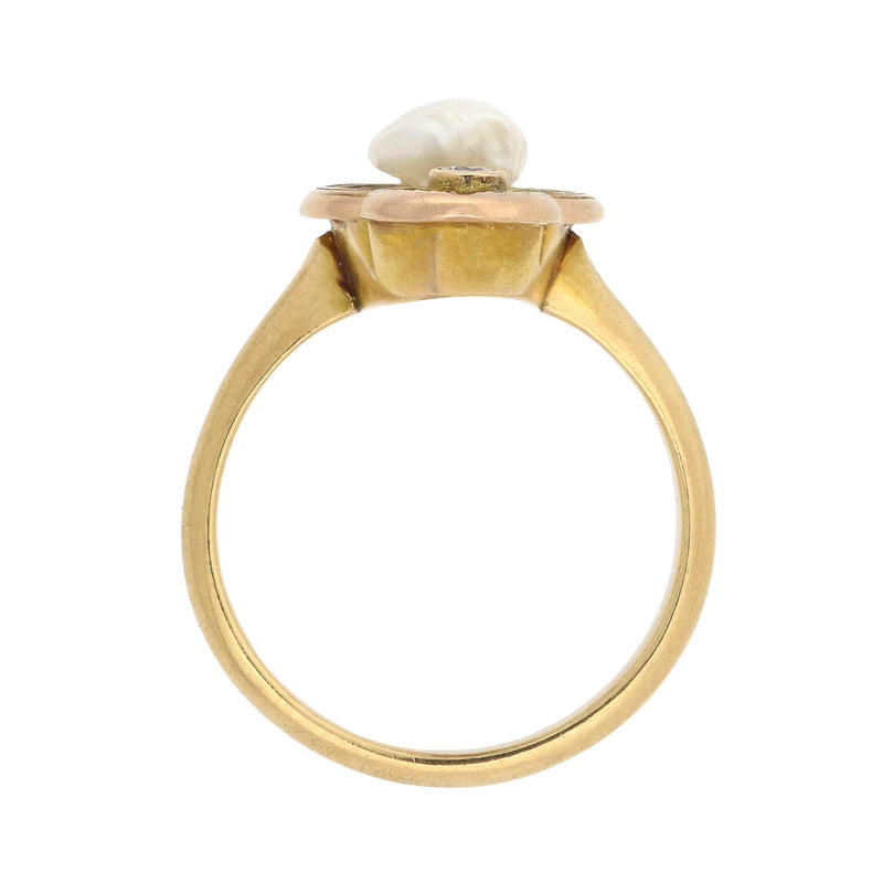 Art Nouveau 14kt Natural Pearl + Diamond Ring 0.10ctw