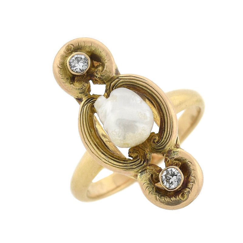 Art Nouveau 14kt Natural Pearl + Diamond Ring 0.10ctw