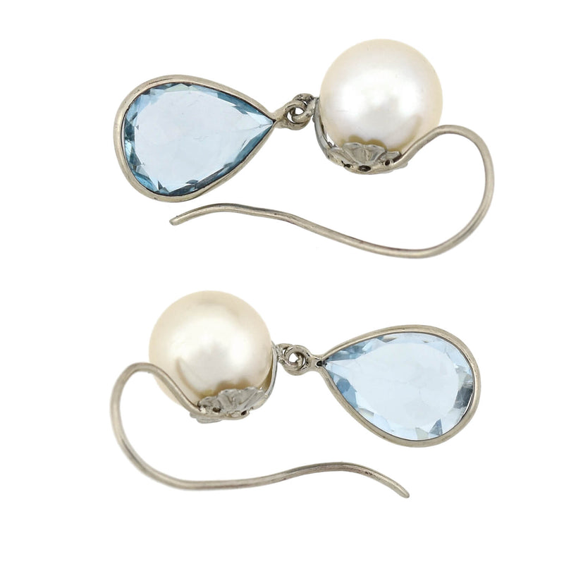 Vintage 14kt Teardrop Aquamarine + 8mm Pearl Earrings