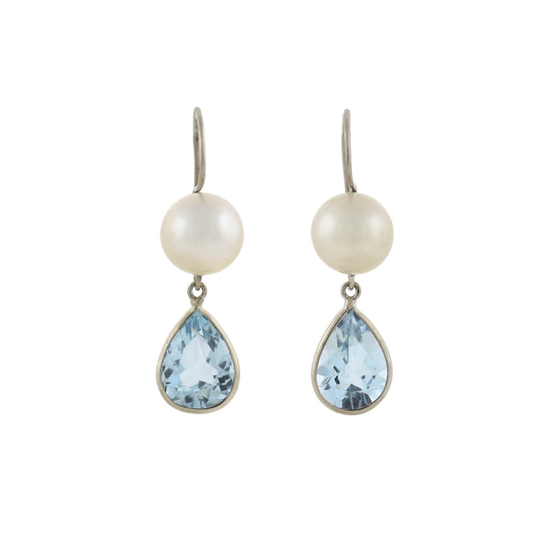 Vintage 14kt Teardrop Aquamarine + 8mm Pearl Earrings