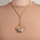 Early Victorian 14kt Carved Mother of Pearl Spinner Fob + Chain Necklace