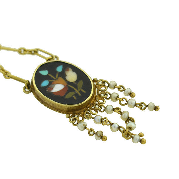 Victorian Dramatic 14kt Seed Pearl Pietra Dura Flower Earrings