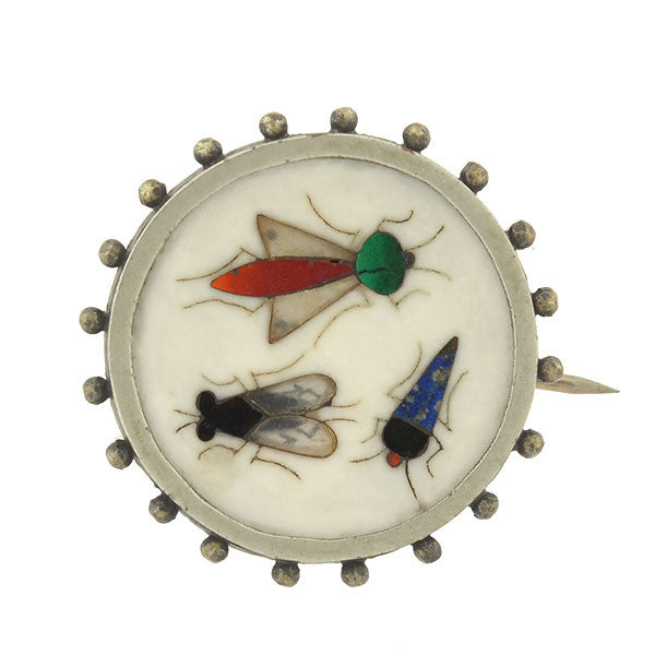 Victorian Sterling Pietra Dura Inlaid Stone Insect Motif Pin