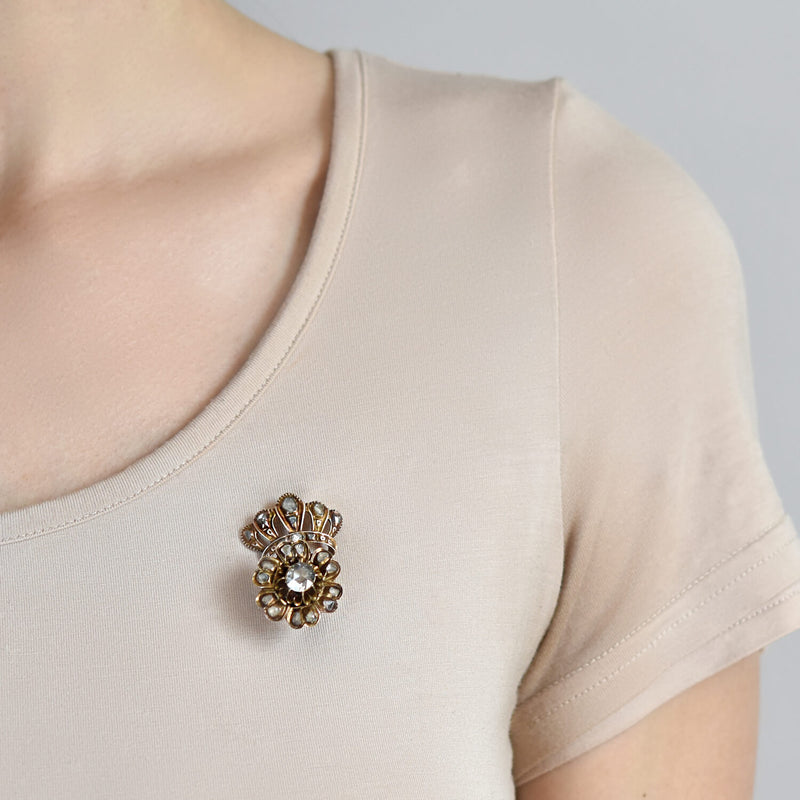 Early Victorian 12kt Rose Cut Diamond Crown + Flower Tremblé Pin