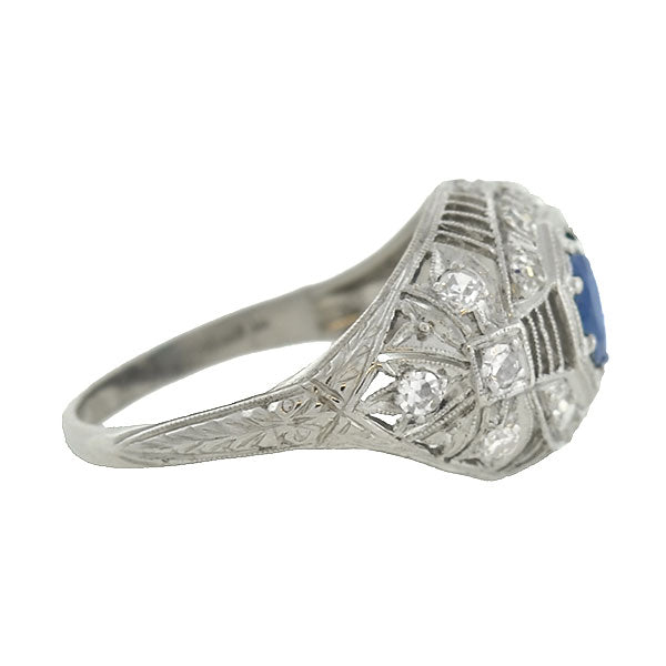 Art Deco Platinum Sapphire & Diamond Filigree Ring .91ct