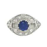 Art Deco Platinum Sapphire & Diamond Filigree Ring .91ct