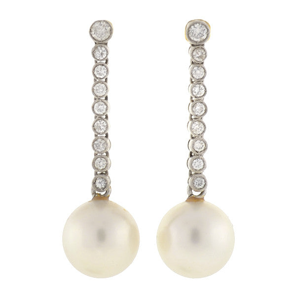 Art Deco Platinum 14kt South Sea Pearl & Diamond Earrings