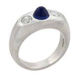 Art Deco Platinum 3-Stone Diamond + Bullet Cabochon Sapphire Ring