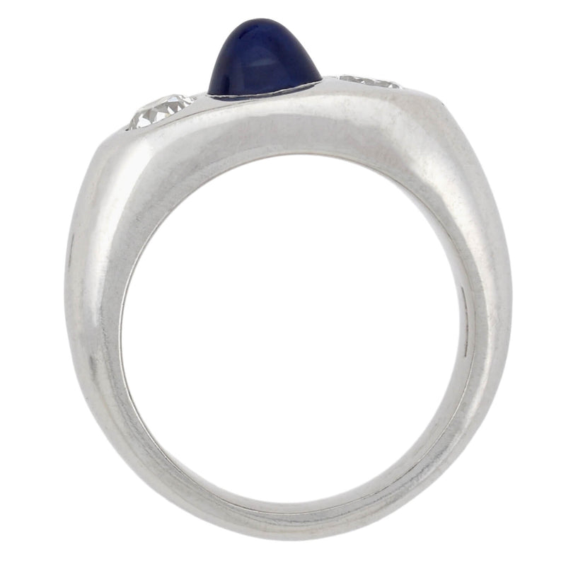 Art Deco Platinum 3-Stone Diamond + Bullet Cabochon Sapphire Ring