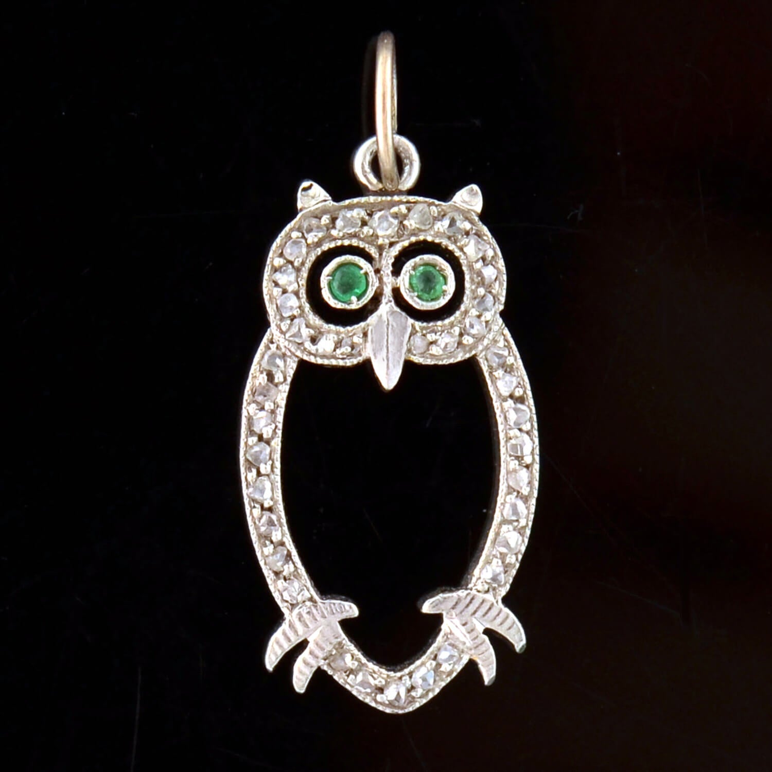 Late Art Deco Platinum Diamond + Emerald Owl Charm *CONVERTED TO PENDANT NECKLACE