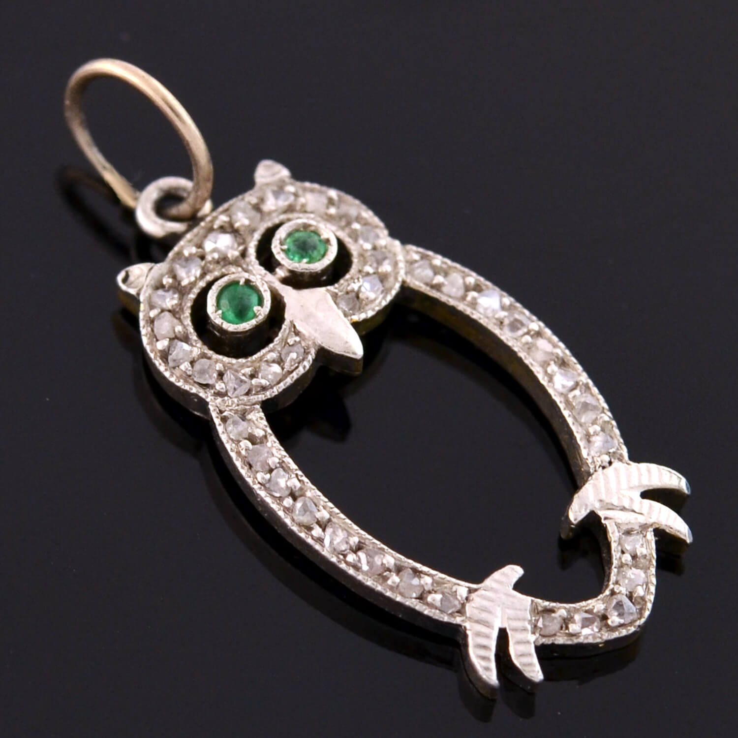Late Art Deco Platinum Diamond + Emerald Owl Charm *CONVERTED TO PENDANT NECKLACE