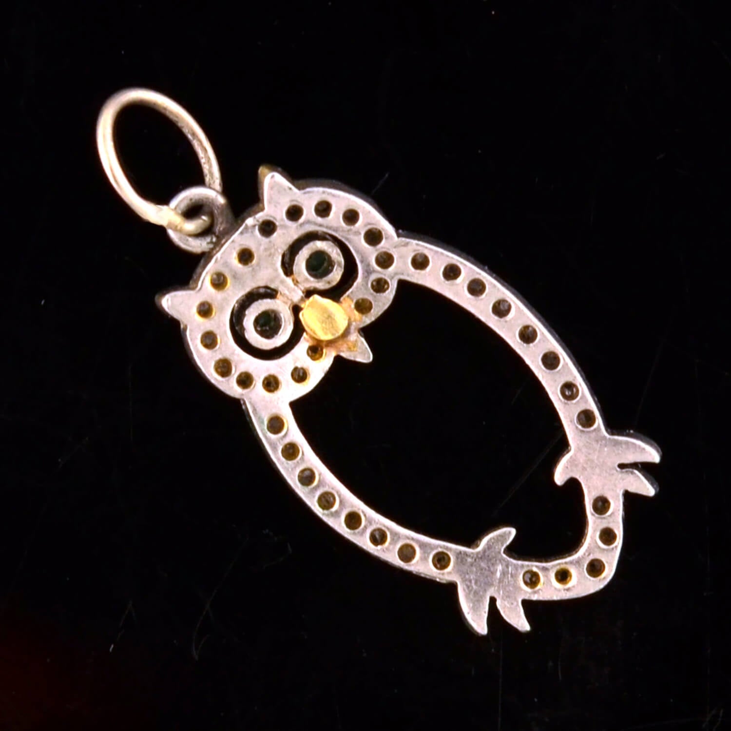 Late Art Deco Platinum Diamond + Emerald Owl Charm *CONVERTED TO PENDANT NECKLACE