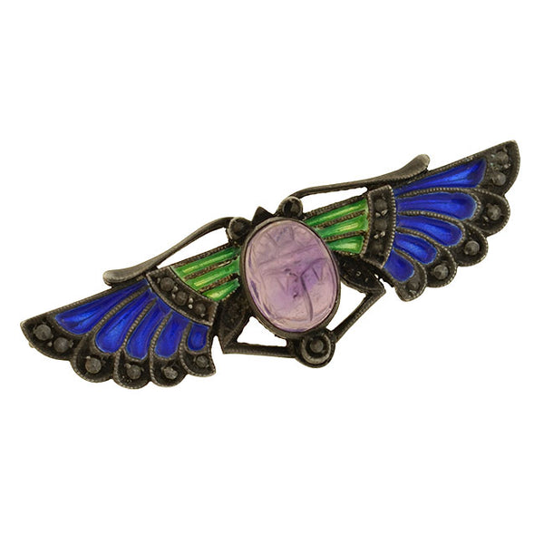 Art Deco Sterling Plique-a-jour Amethyst Scarab Pin