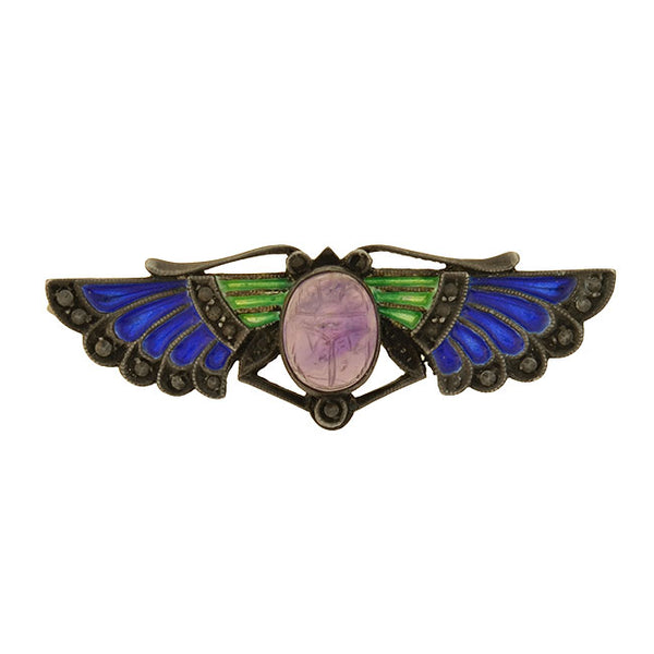 Art Deco Sterling Plique-a-jour Amethyst Scarab Pin