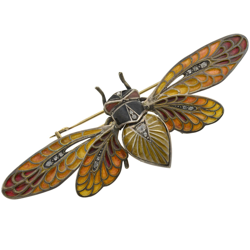 Art Nouveau Large 14kt/Sterling Plique-a-jour + Diamond Moveable Winged Insect Pin