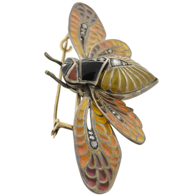 Art Nouveau Large 14kt/Sterling Plique-a-jour + Diamond Moveable Winged Insect Pin