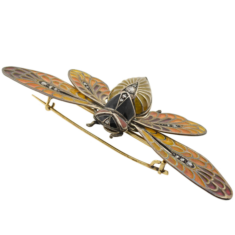 Art Nouveau Large 14kt/Sterling Plique-a-jour + Diamond Moveable Winged Insect Pin