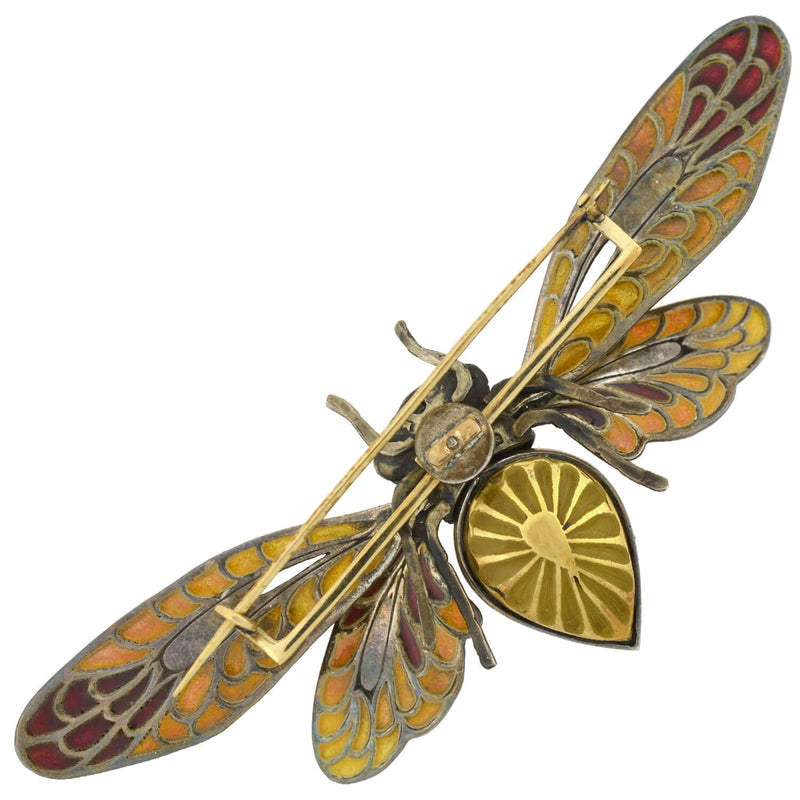 Art Nouveau Large 14kt/Sterling Plique-a-jour + Diamond Moveable Winged Insect Pin