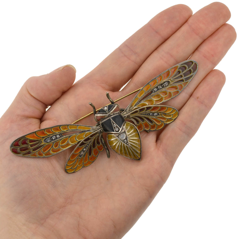 Art Nouveau Large 14kt/Sterling Plique-a-jour + Diamond Moveable Winged Insect Pin