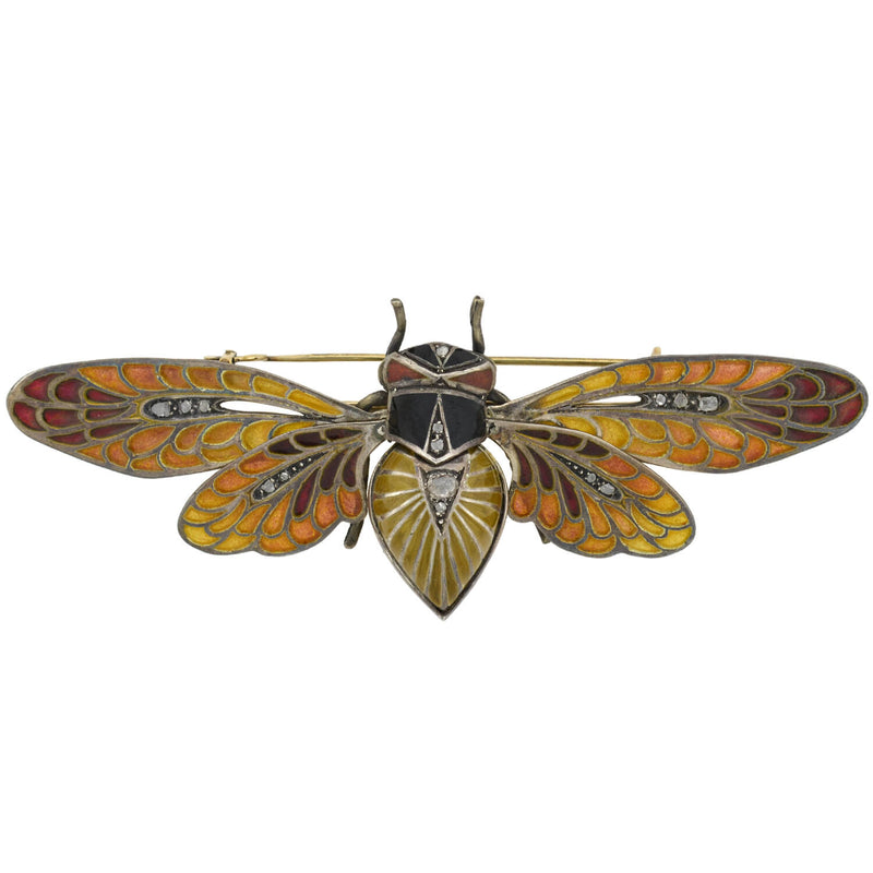 Art Nouveau Large 14kt/Sterling Plique-a-jour + Diamond Moveable Winged Insect Pin