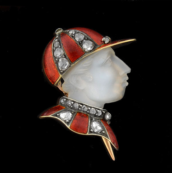 Victorian French 18kt Enamel Diamond & Moonstone "Fred Archer" Jockey Pin
