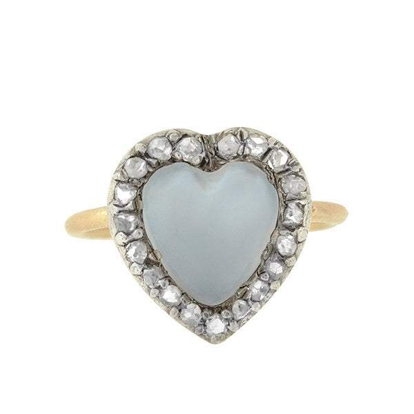 Victorian 14kt Silver Moonstone Diamond Heart Shaped Cluster Ring