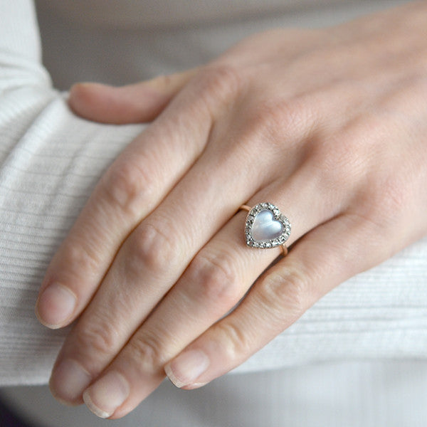Art Nouveau 14k/Silver Moonstone & Diamond Heart Ring