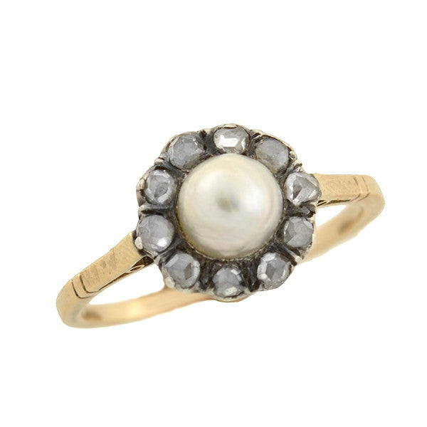 Victorian 18kt/Silver Pearl & Rose Cut Diamond Cluster Ring
