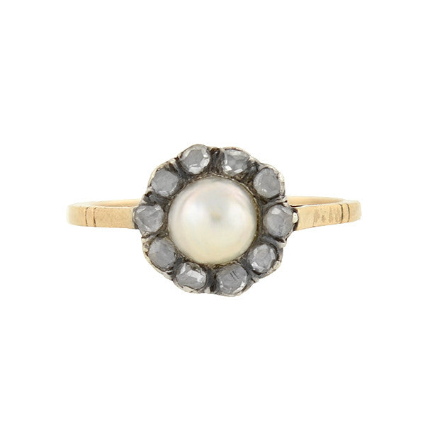 Victorian 18kt/Silver Pearl & Rose Cut Diamond Cluster Ring