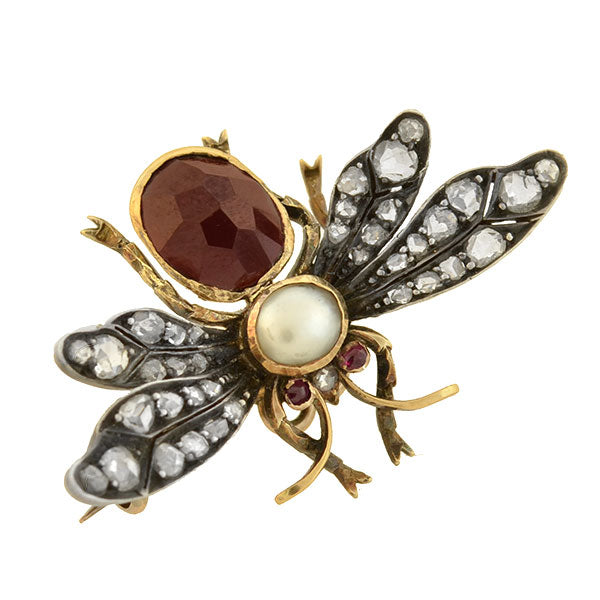 Victorian 18kt Garnet, Diamond, Pearl + Ruby Bug Pin