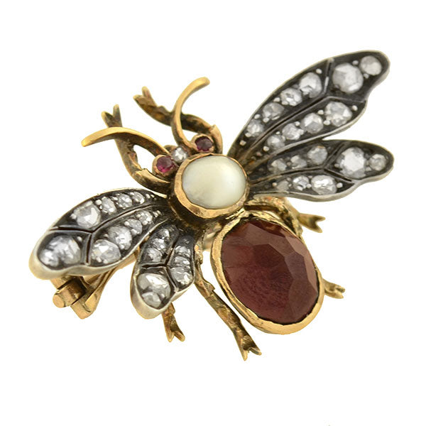 Victorian 18kt Garnet, Diamond, Pearl + Ruby Bug Pin