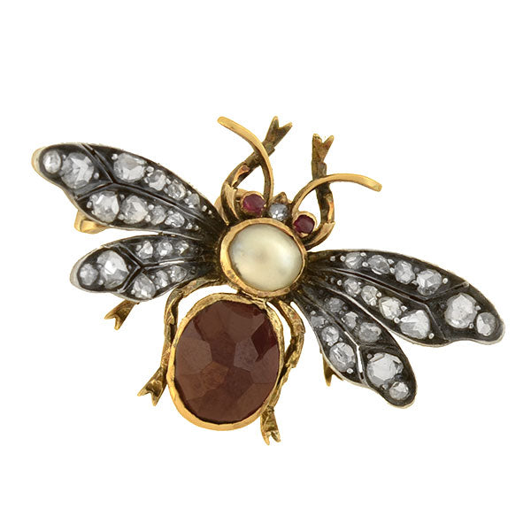 Victorian 18kt Garnet, Diamond, Pearl + Ruby Bug Pin