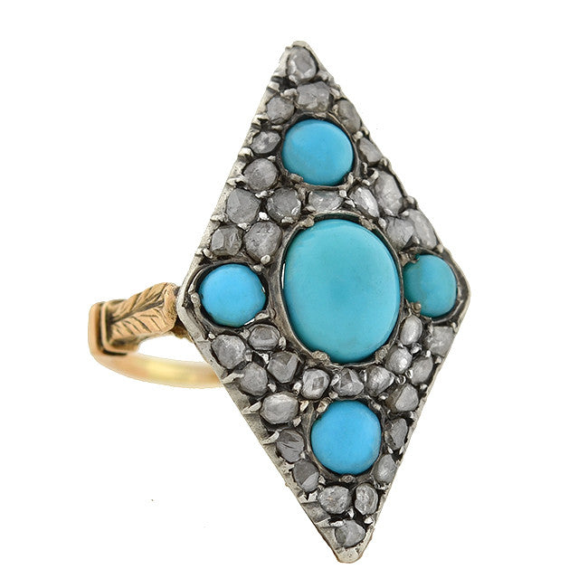 Victorian 18kt & Sterling Turquoise & Rose Cut Diamond Ring