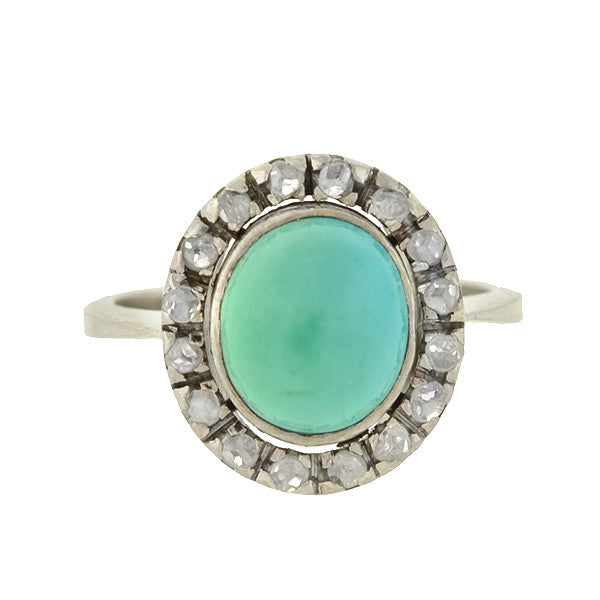 Art Deco 18kt Turquoise & Rose Cut Diamond Cluster Ring