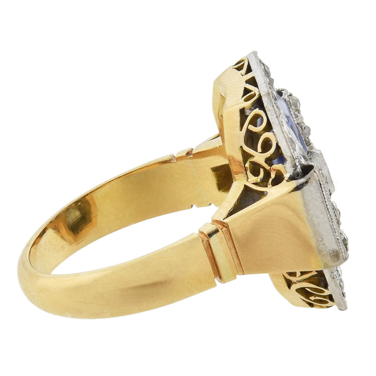Art Deco 18kt Two-Tone Diamond + Sapphire Ring