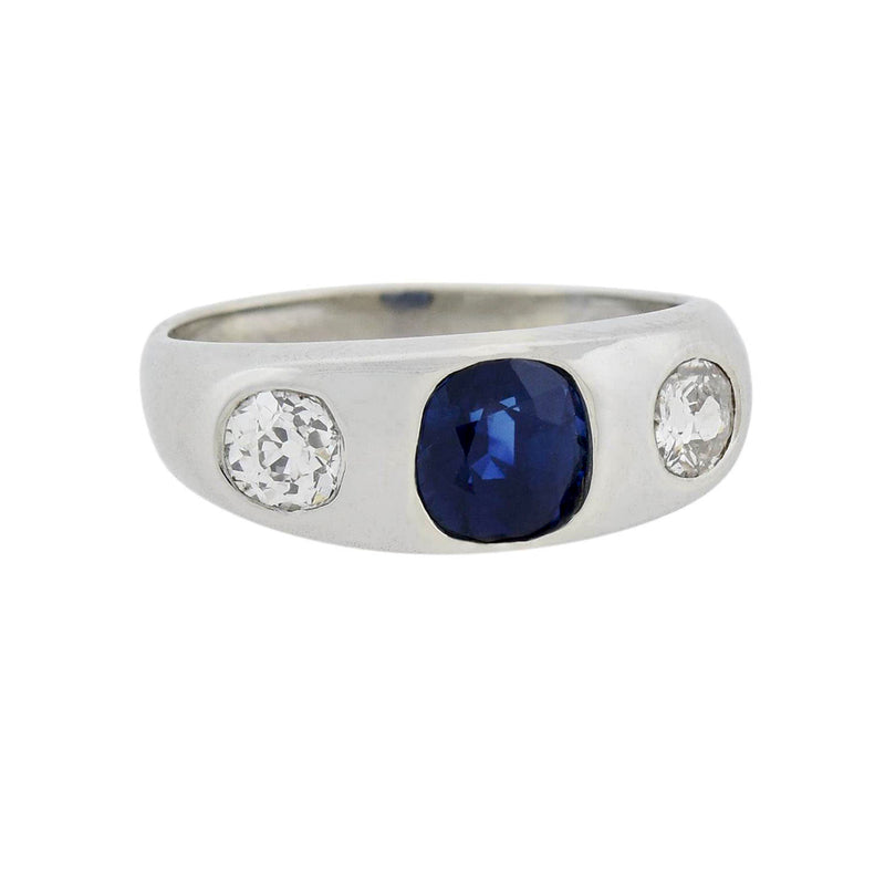 Edwardian Platinum 1ct Sapphire + Diamond 3-Stone Ring