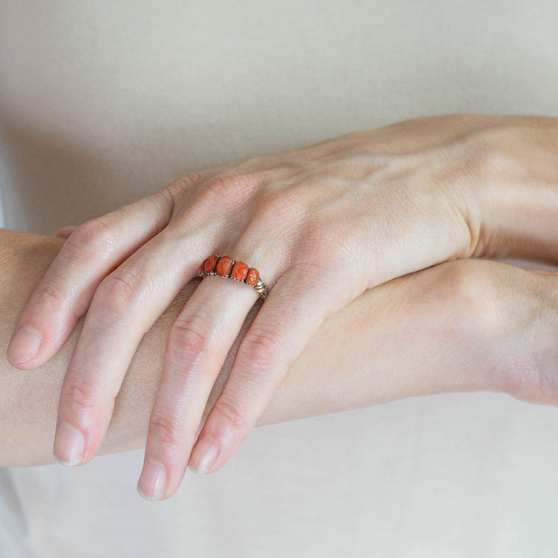 Victorian 12kt Hand Carved Coral 5-Stone Ring